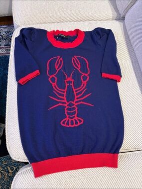 Navy & Red Lobster Knit Woman's Short Sleeve Sweater Top